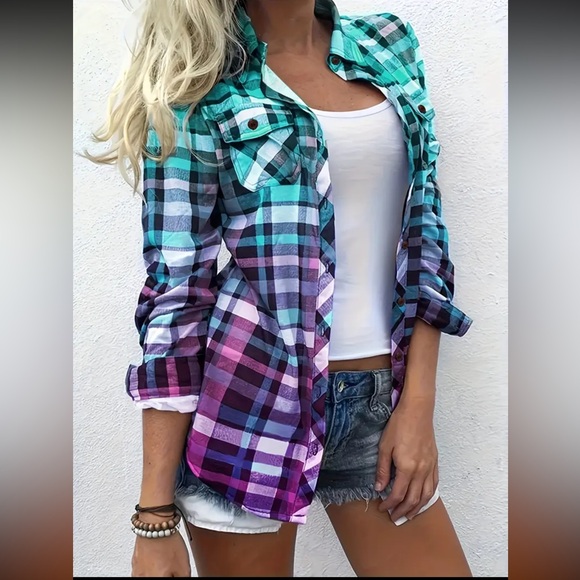 Tops - Women's Plaid Button Down Shirt - Blue and Purple